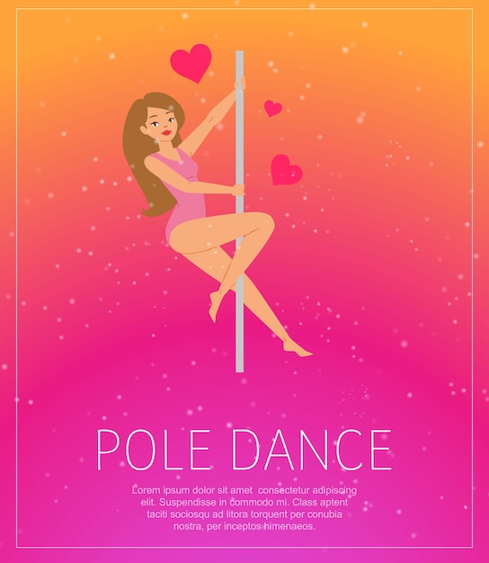 Girl dancing near pole poster, background information, young girl show, dance art,     illustration. Strip club, sports fitness, beautiful model body, element modern aerobics.