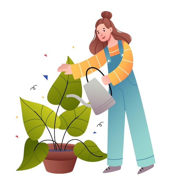 A girl in denim overalls is watering flowers. The concept of plants in the house.