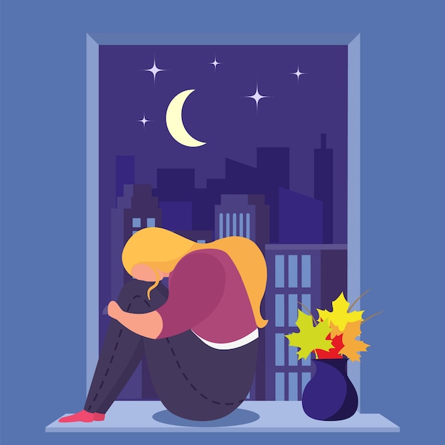 Girl in depression sits near window in room, young, sad woman alone and anxious, design, cartoon style  illustration.