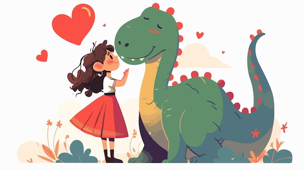 Vector a girl and a dinosaur are standing in front of a heart shaped poster