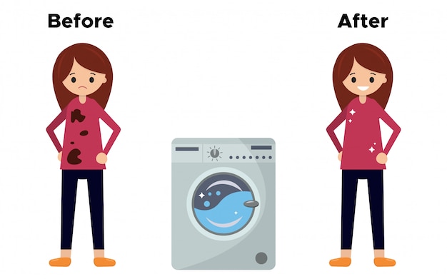 The girl in a dirty T-shirt before washing, and after washing in the washing machine. 