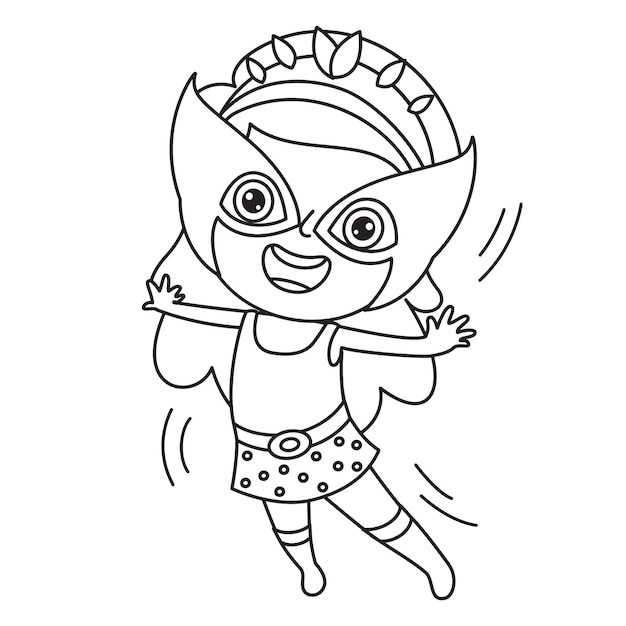 girl disguised with cape and mask, Line Art Drawing For Kids Coloring Page