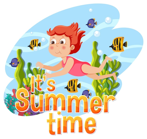 A girl diving underwater with summer time text