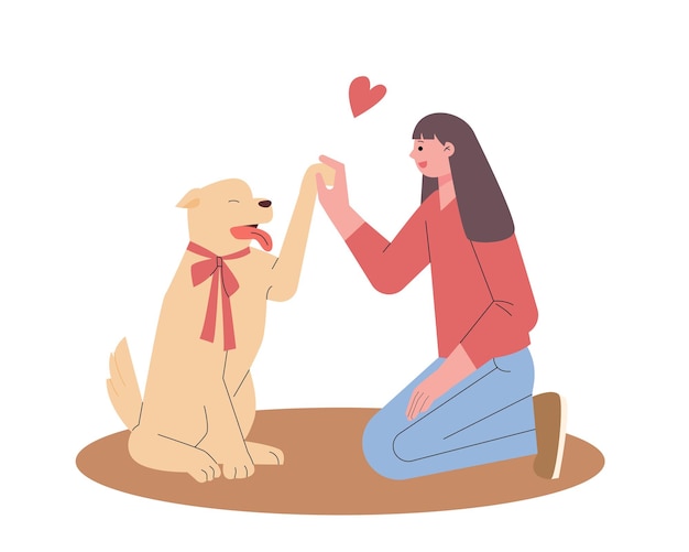 A girl and a dog are giving a high five. flat design style vector illustration.