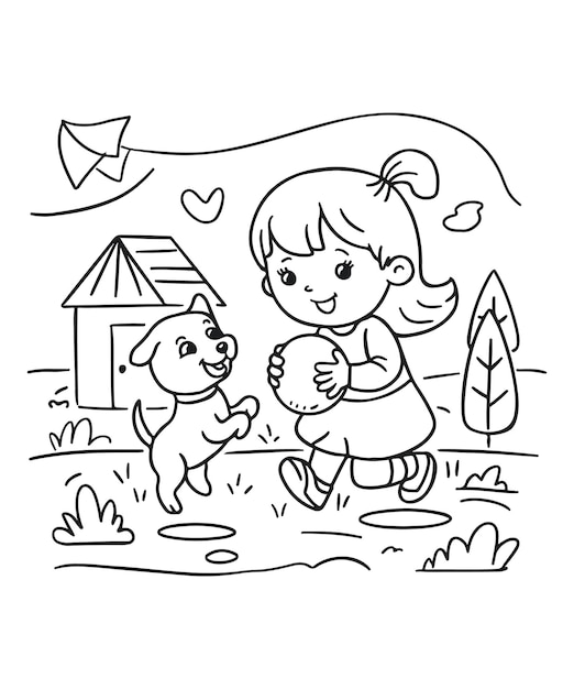 a girl and a dog are running in the rain with a dog and a house coloring book