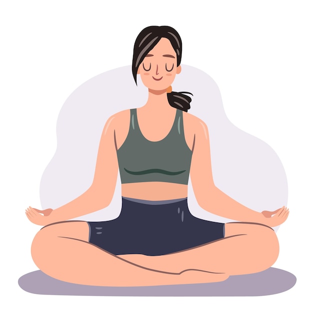 Girl doing yoga lotus pose. Happy meditating woman vector illustration.