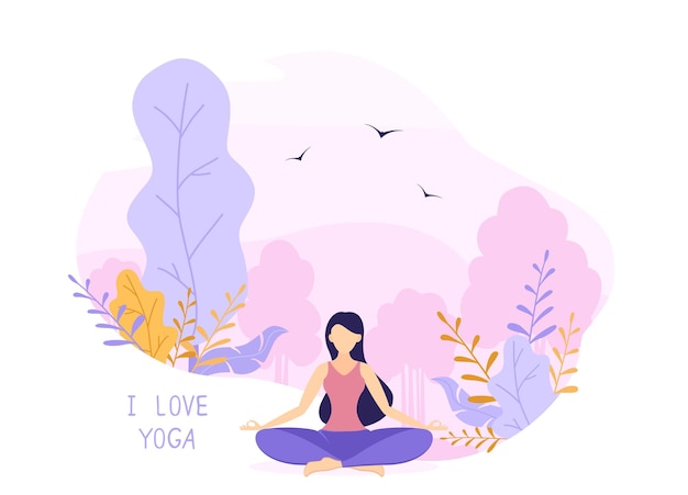 Girl Doing Yoga in the Lotus Position on Pink Nature Background