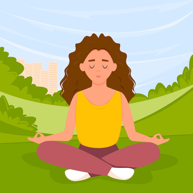 Girl doing yoga in park Woman sitting in the lotus position Vector illustration in flat style