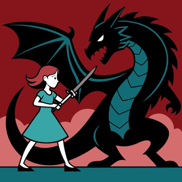 Vector a girl and a dragon are holding a sword