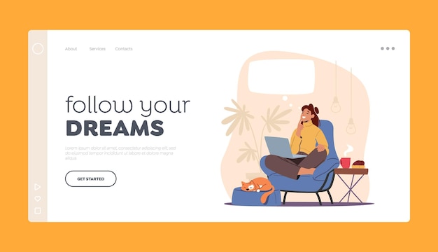 Girl Dreaming Landing Page Template. Thoughtful Female Character in Armchair with Notebook and Steaming Coffee Cup Imagine Something Pleasant with Empty Bubble above Head. Cartoon Vector Illustration