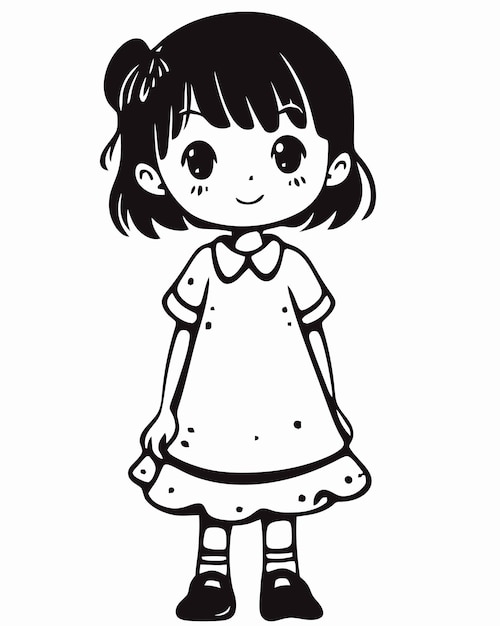 A girl in a dress is drawn in black and white.