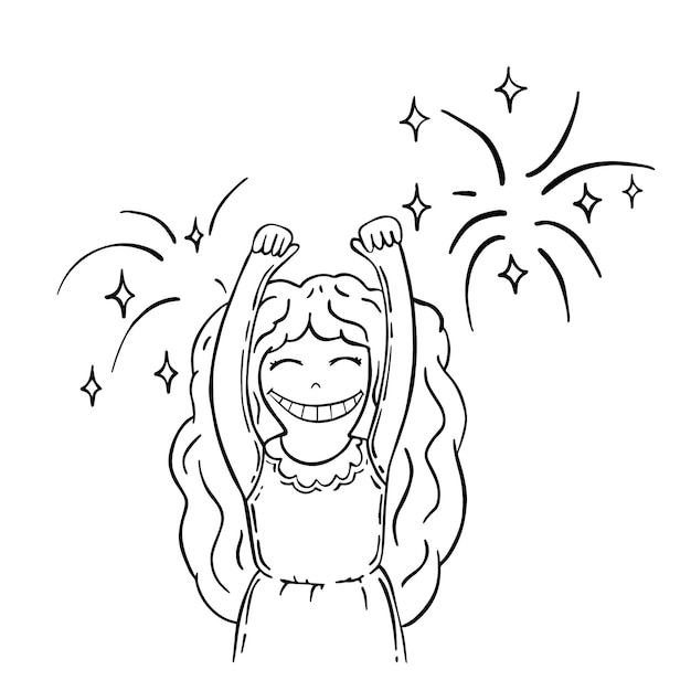 A girl in a dress and long hair smiles and rejoices with raised hands with a salute over her head holiday doodle linear cartoon