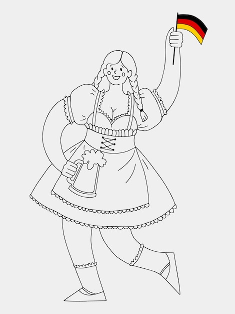 A girl dressed in a Dirndl is holding a large mug of beer and a German flag for Octoberfest