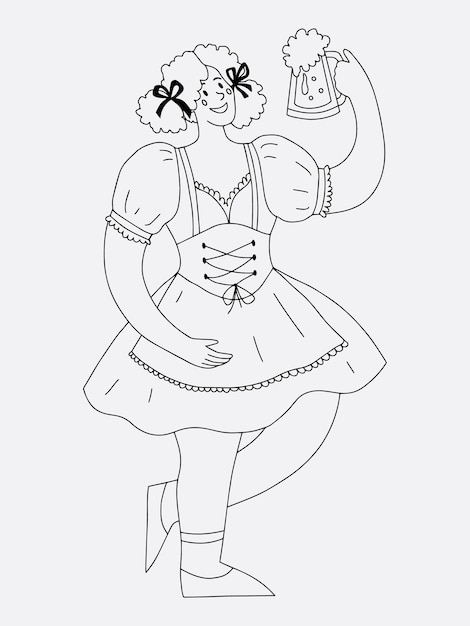 A girl dressed in Dirndl is holding a large mug of beer vector outline illustration for Octoberfest