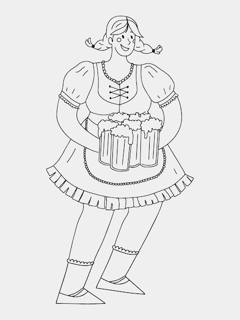 Girl dressed in Dirndl is holding a lot of mugs of beer vector outline illustration for Octoberfest