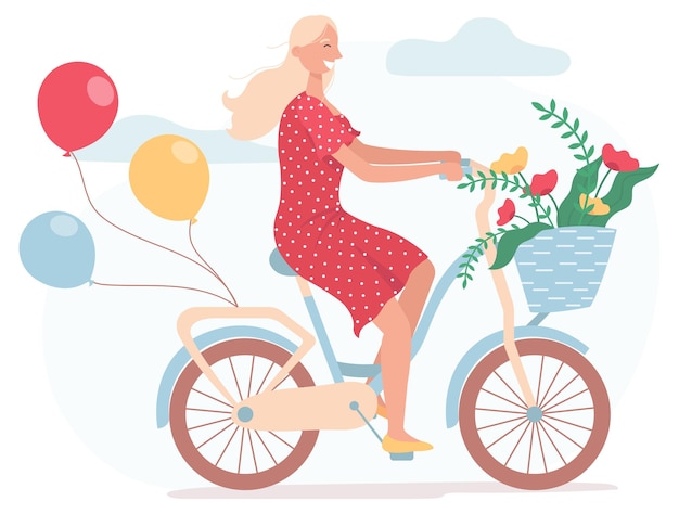 Girl dressed in red dress riding bicycle with balloons and with wicker basket full of spring flowers