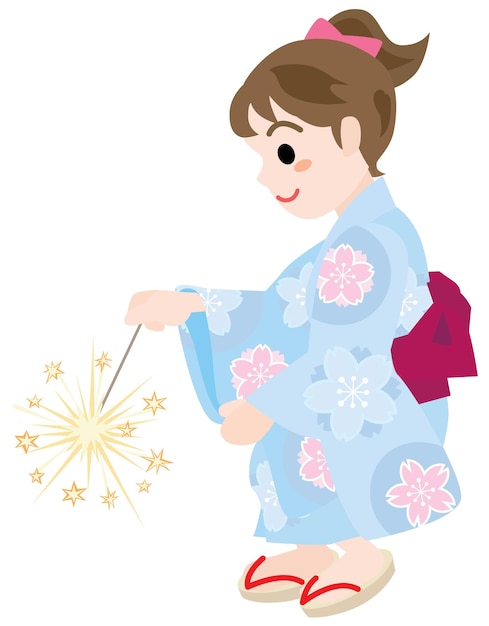 A Girl dressed in the yukata doing toy fireworks