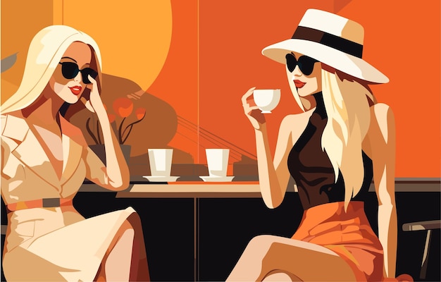 Girl drinking coffee Young stylish girl sitting in cafe Vector flat illustration in the style of the seventies Cozy morning coffee