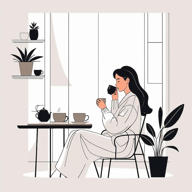 Vector girl drinking tea or coffee on white background cozy cafe or drink tea at home