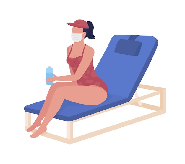 Girl drinking water at beach semi flat color vector character