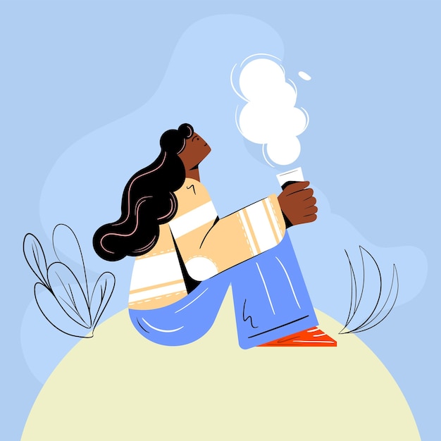 girl drinks coffee on a blue background. Minimalistic flat illustration in a modern style