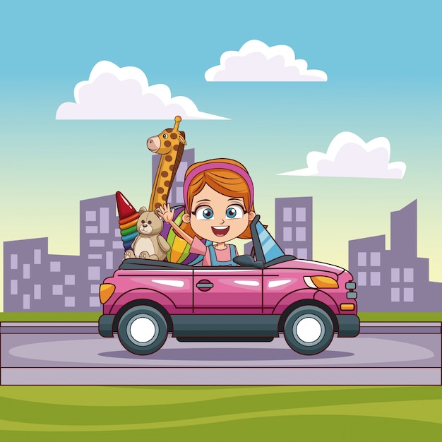 Girl driving convertible car with toys 