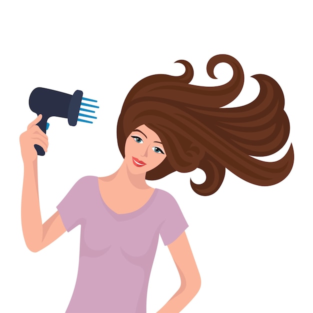 Vector girl drying her hair with hairdryer. beauty vector illustration.