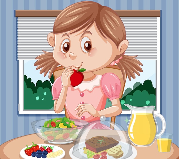 A girl eating breakfast at the table