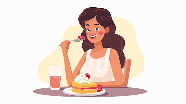 Vector a girl eating a cake with a spoon in front of her