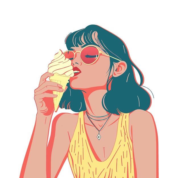 Vector girl eating ice cream excited portrait of woman with cone popsicle cartoon vector ai illustration