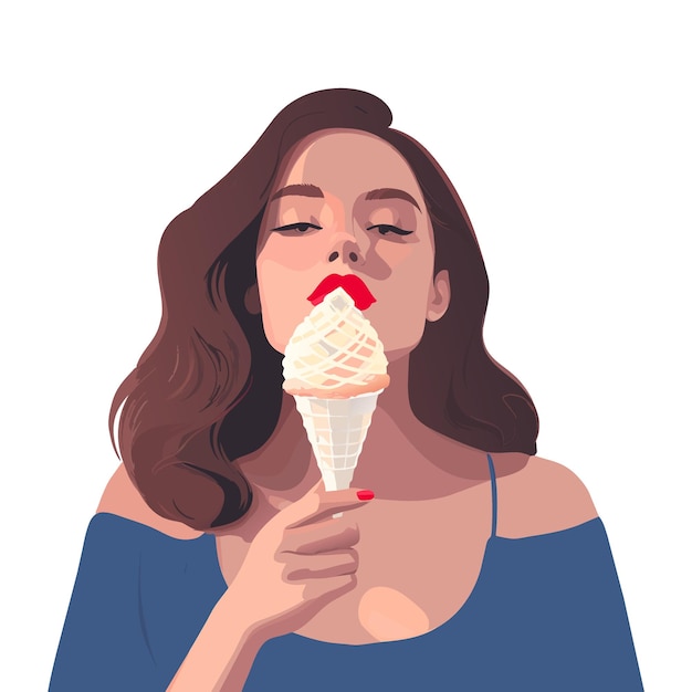 Girl eating ice cream Portrait of woman with cone popsicle Cartoon vector ai illustration