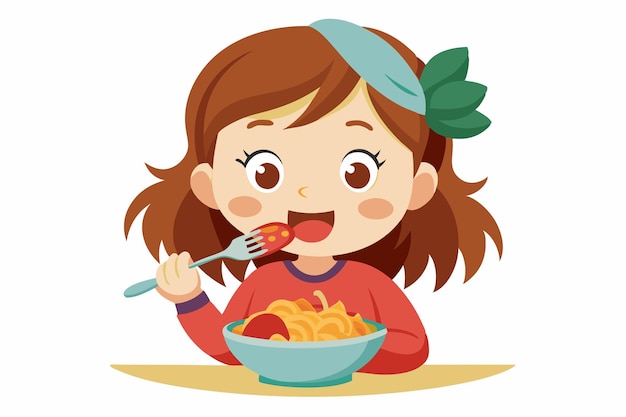 Vector girl eating spaghetti vector illustration on white background