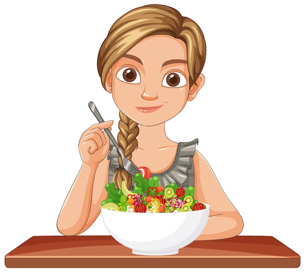 Vector girl enjoying a healthy salad