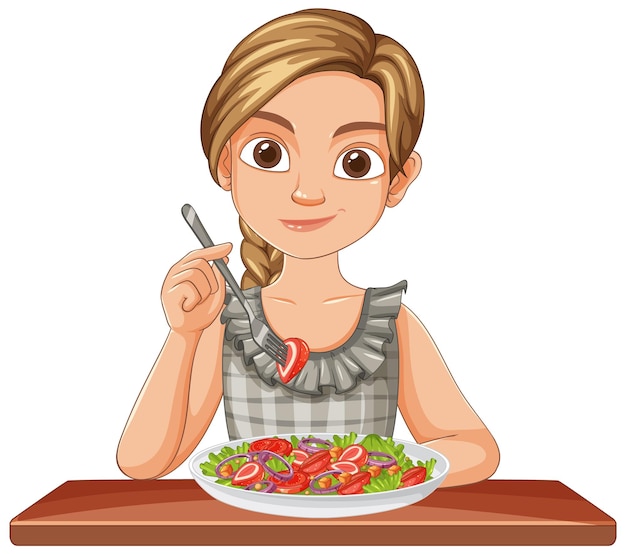 Vector girl enjoying a healthy salad