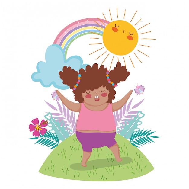 Girl enjoying in the plants with rainbow and sun