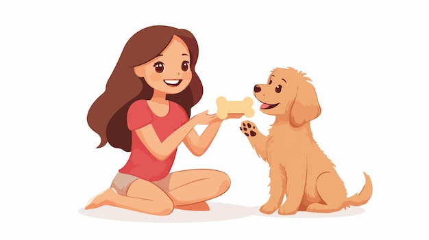 Vector girl feeding maltipoo puppy bone cute dog care