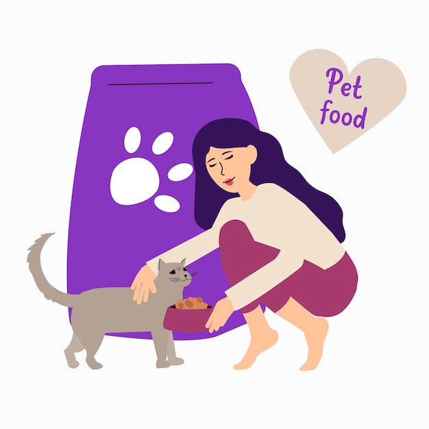 The girl feeds the cat with food in a bowl Large size cat food on the background Flat vector