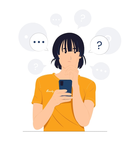 Girl feeling confused while holding a smart phone with questioned, thinking, and confused with question mark looking up with thoughtful focused expression concept illustration