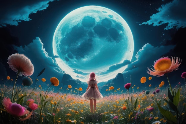 a girl in a field of flowers with a moon in the background