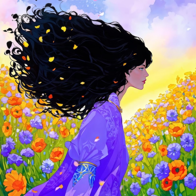 Vector girl and flowers in the field vector illustration