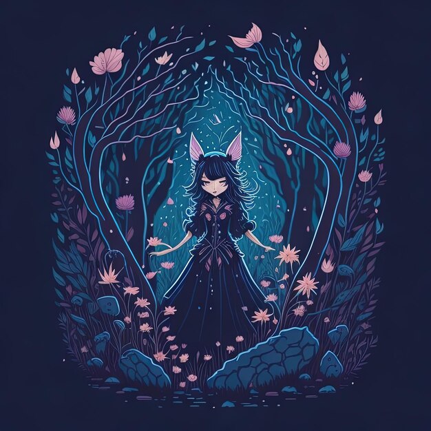 Vector a girl in a forest with a cat on her back