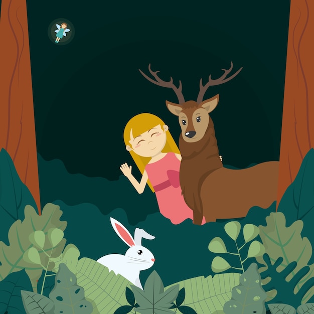 Girl in the forest with deer and rabbit 