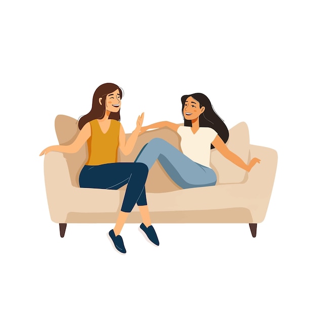 Vector girl friends chatting on beige couch