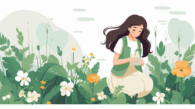 Vector a girl in a garden with flowers and a picture of a girl