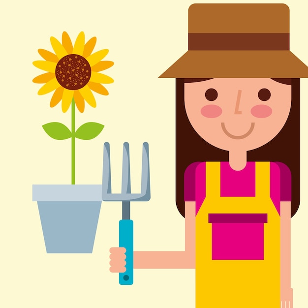 girl gardener holding garden fork and flower in pot