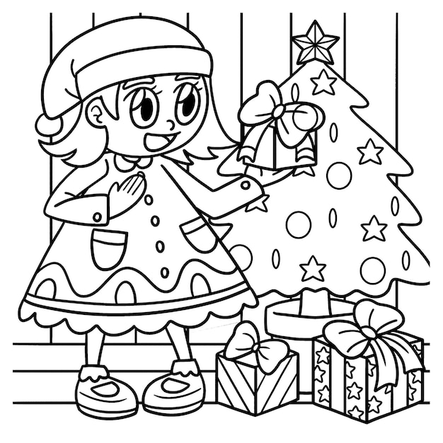 Girl Gift And Christmas Tree Coloring Page