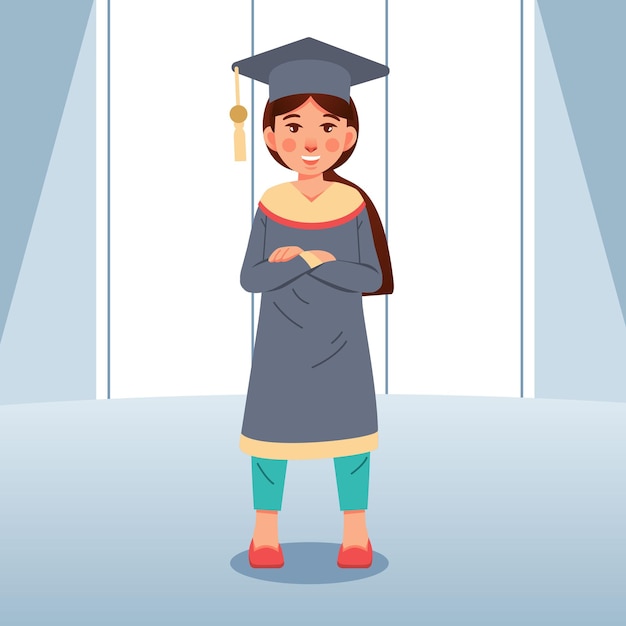 Girl graduate students standing on stage Flat style vector illustration