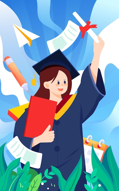 Girl graduates in a bachelor's uniform with books and papers in the background vector illustration