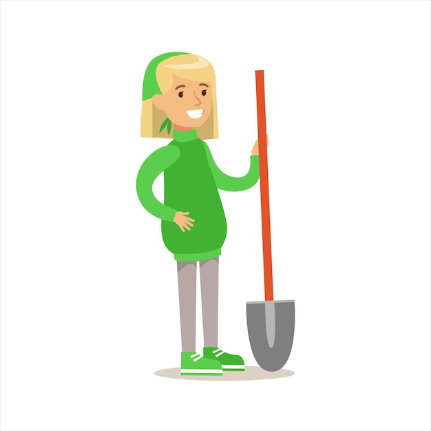 Girl In Green Sweater With A Shovel Helping In EcoFriendly Gardening Outdoors Part Of Kids And Nature Series