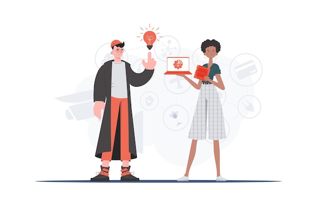 The girl and the guy are a team in the field of Internet of things Internet of things concept Good for presentations and websites Vector illustration in trendy flat style